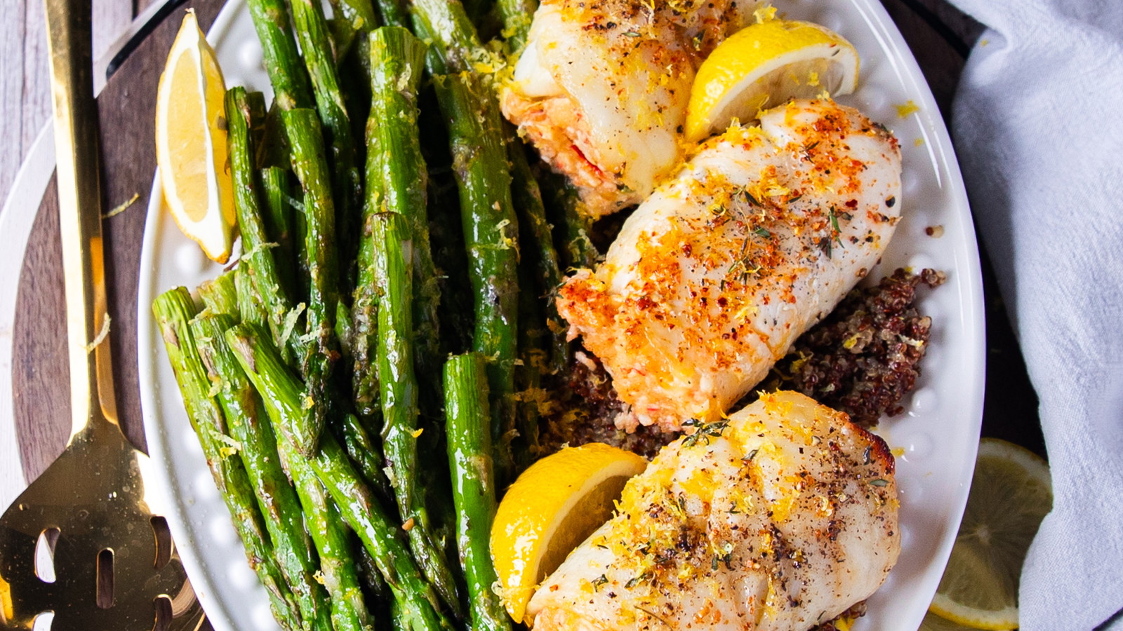 Image of Stuffed Orange Roughy With Lemon Garlic Quinoa & Roasted Asparagus