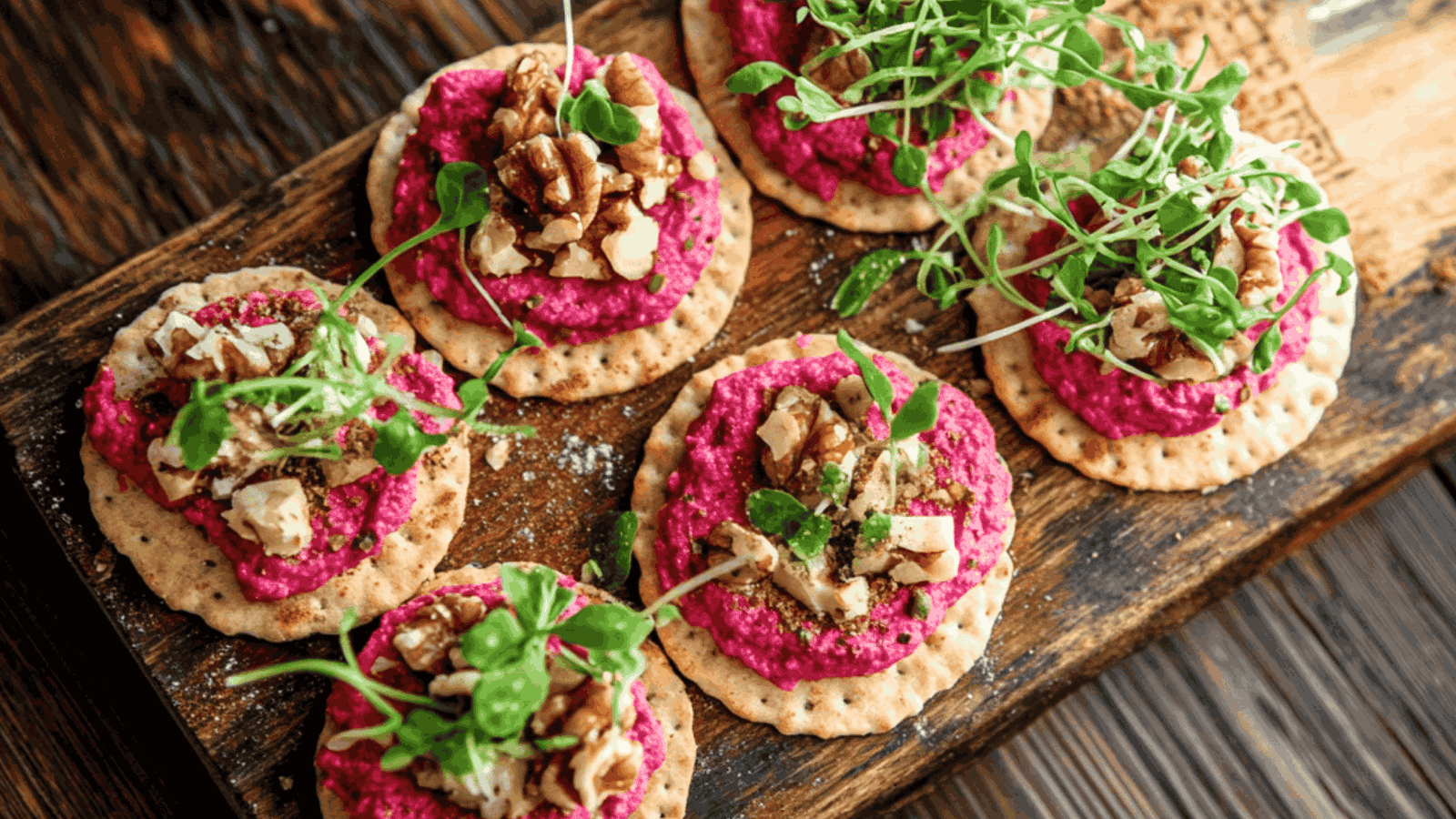 Kleine Cracker mit leuchtend pinkem Rote-Bete-Hummus, dekoriert mit Walnüssen und frischer Kresse, auf einem rustikalen Holzbrett angerichtet