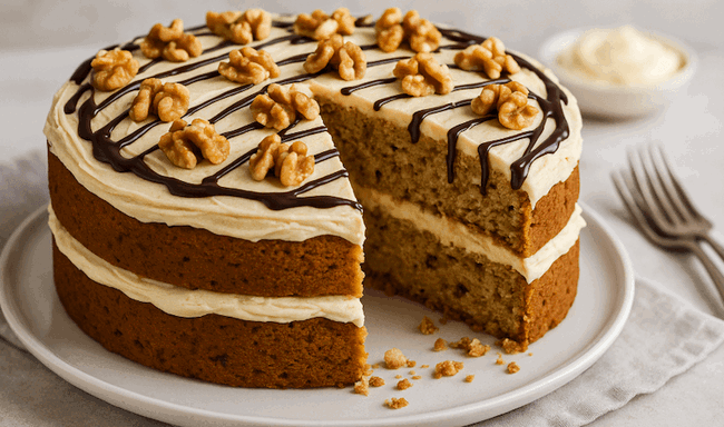 Image of Coffee and Walnut Cake Recipe (With Dark Chocolate Drizzle)