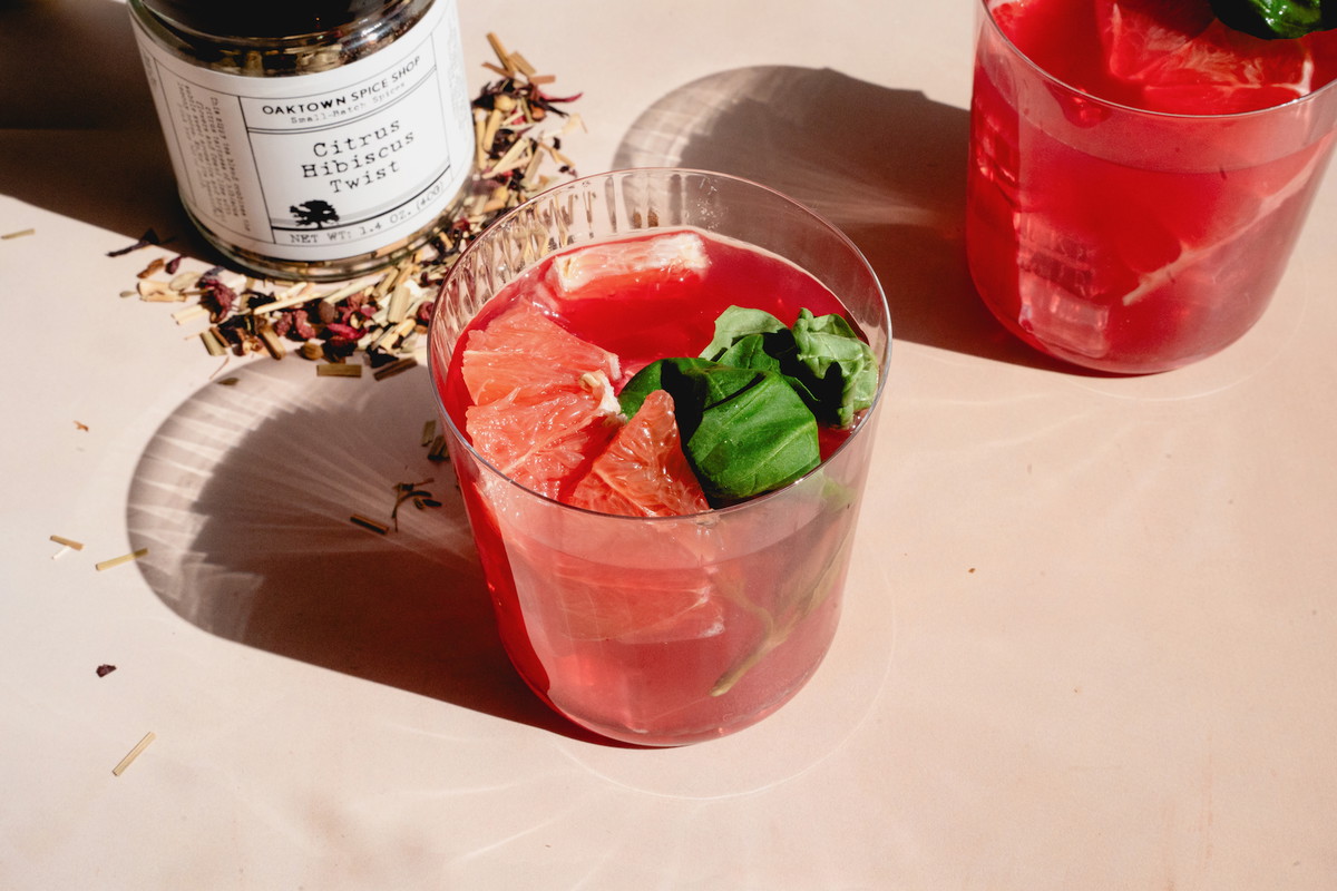 Citrus Hibiscus Iced Tea with Grapefruit and Basil