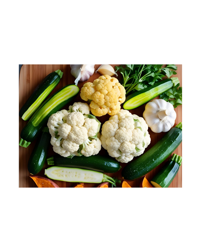 Chopping board with Cauliflower, Zucchini, Garlic and Sweet Potatoes