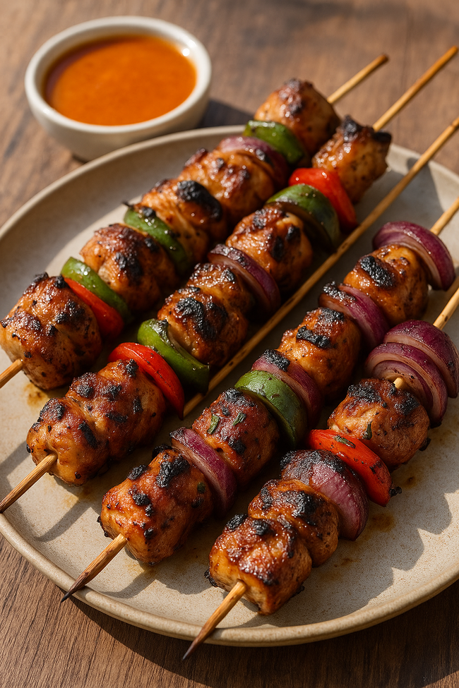 Grilled jerk chicken skewers with bell peppers and red onions on a rustic ceramic plate, served alongside a bowl of spicy dipping sauce.