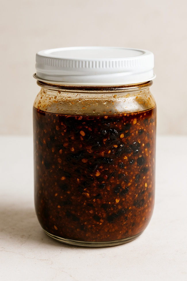 A glass jar filled with spicy Macha Fire Butter, showcasing visible chili flakes, garlic bits, and a rich red oil layer, sealed with a white metal lid and set on a light textured surface.