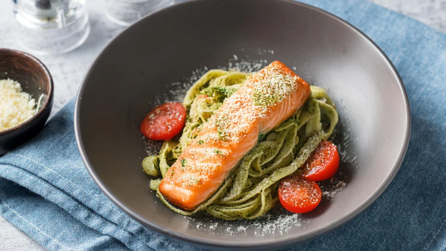 Lactose-Free Cream Cheese Pesto Pasta with Salmon