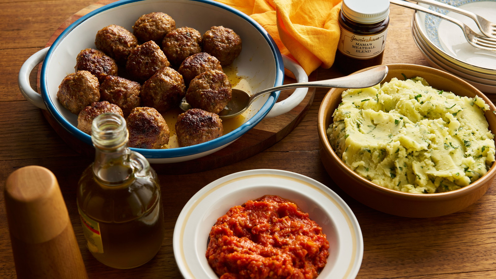Image of Mama’s Meatballs with Herby Potato Mash & Quick Tomato Salsa 