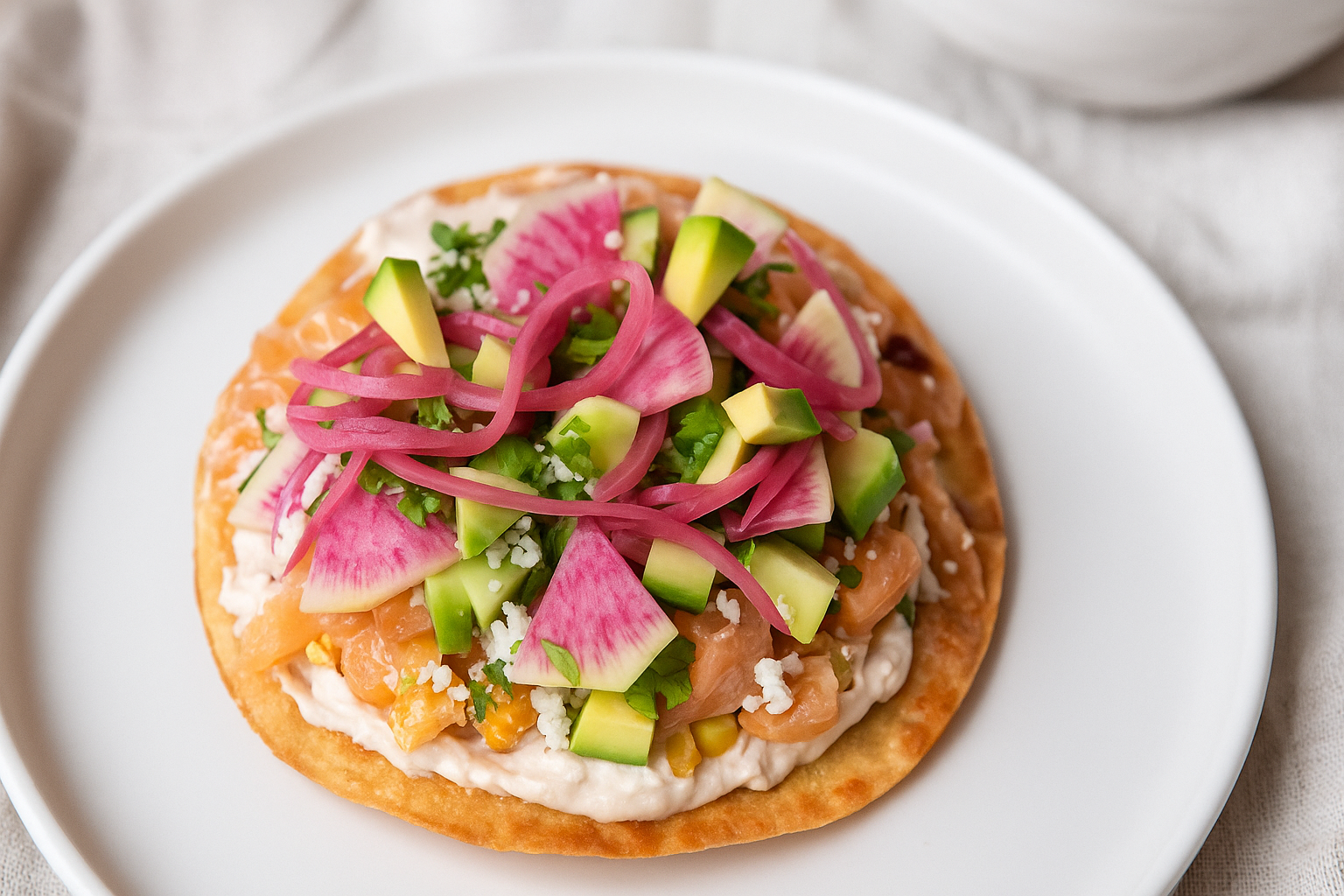 Image of Yellowtail Tostada w/ Roasted Corn Labna, Pickled Onion & Watermelon Radishes