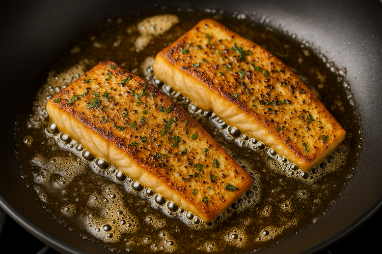 Image of Add butter and olive oil to the pan and heat to a simmer. Add fish and do not fiddle with it. Let sear for 4 minutes. Turn the heat down to medium. Turn the fish over, shut the heat off...