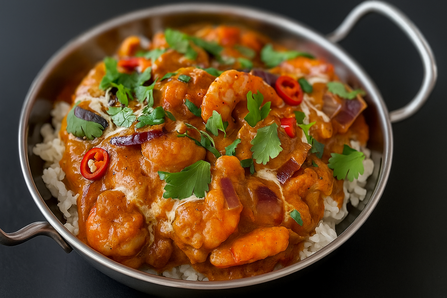 Image of Creamy shrimp and aubergine curry with cinnamon, clove and coriander