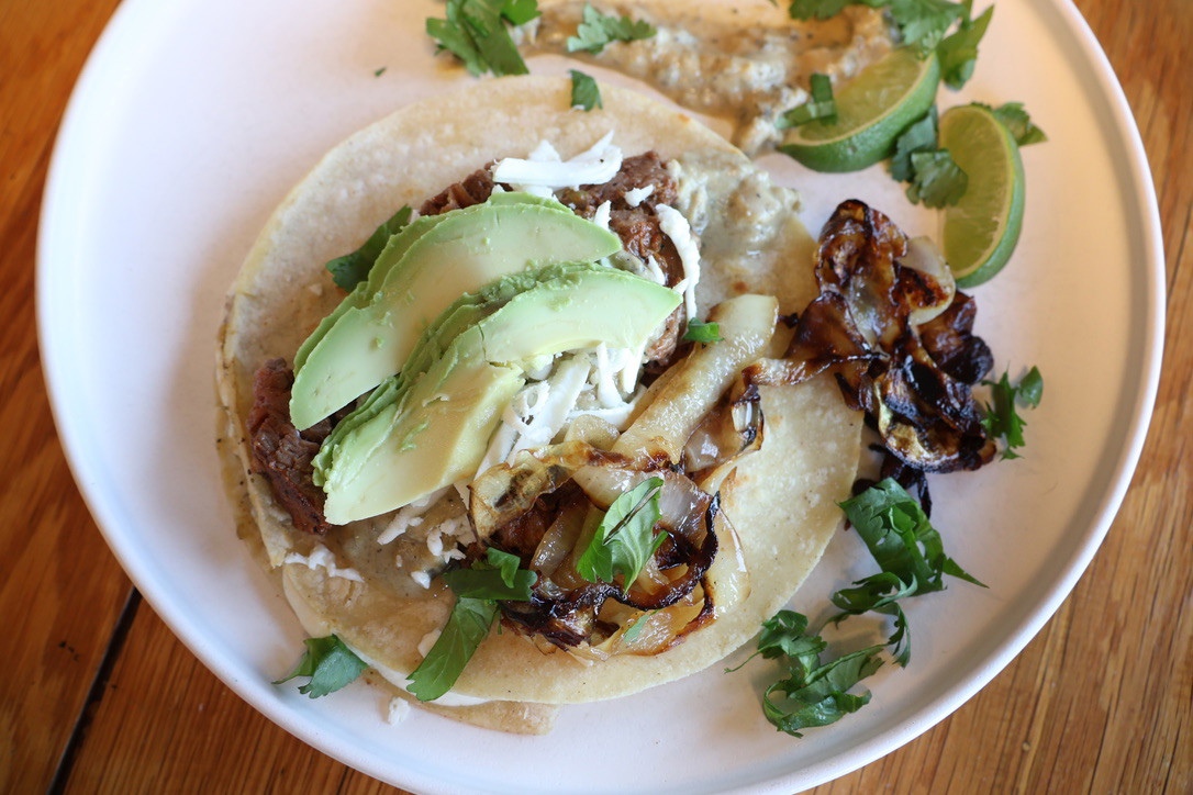 Carne Asada Tacos with Roasted Poblano & Garlic Cream Sauce