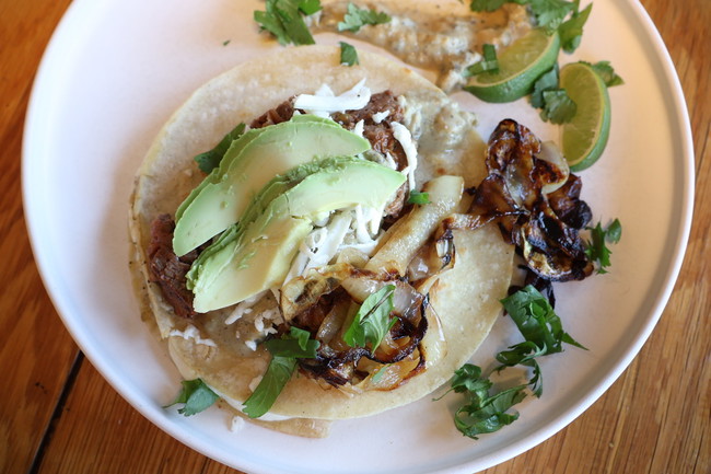 Image of Carne Asada Tacos with Roasted Poblano & Garlic Cream Sauce