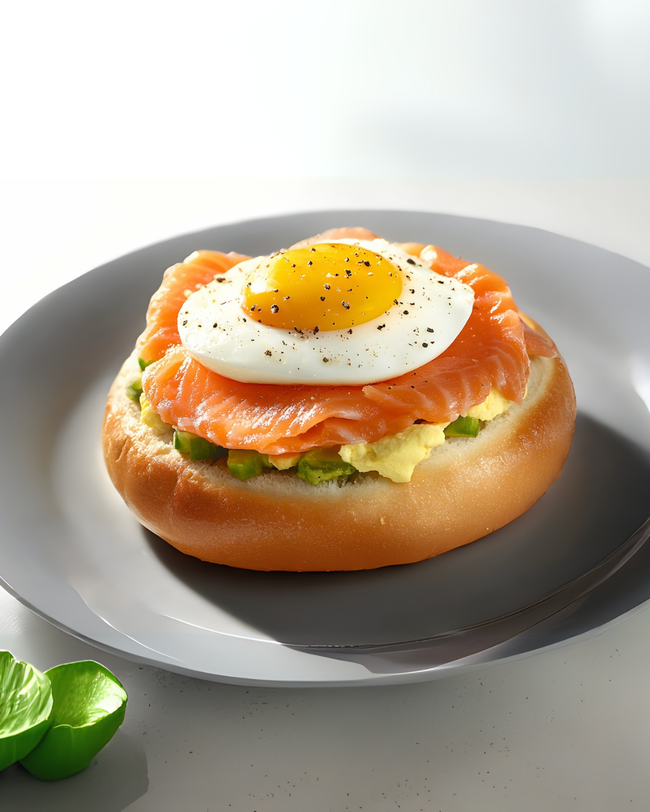 Image of Avocado- Lachs-Bagel mit Spiegelei und Honig