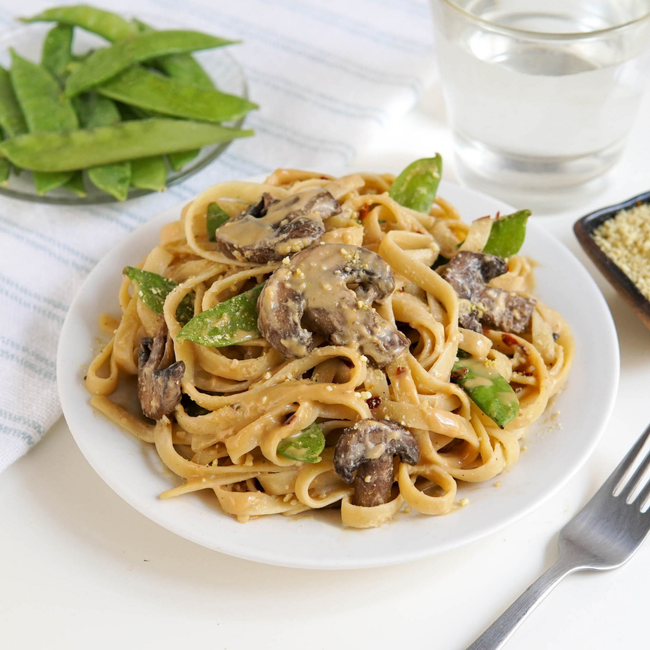 Image of Creamy Vegan Fettuccine Alfredo with Mushrooms and Cashew Parmesan Recipe