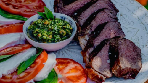 Image of Reverse seared sirloin and hazelnut rocket pesto