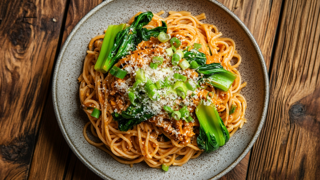 Vegane Ssamjang-Pasta mit Pak Choi, serviert auf einem rustikalen Teller, garniert mit veganem Parmesan und Frühlingszwiebeln