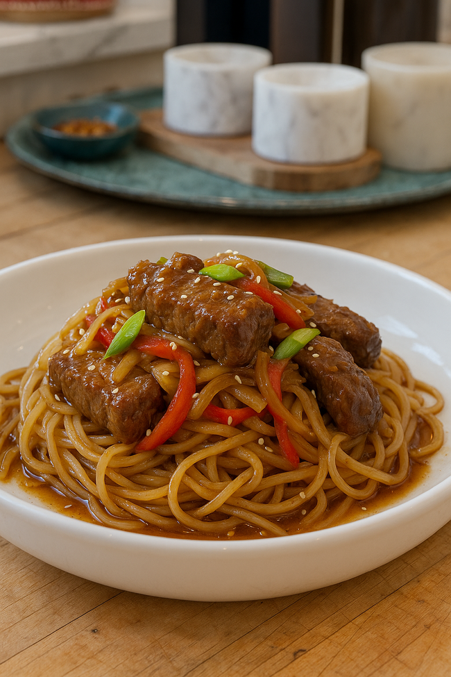 Overhead shot of sesame beef stir-fry with pad Thai noodles, red peppers, leeks, and shallots in a glossy sauce, served in a ceramic bowl.