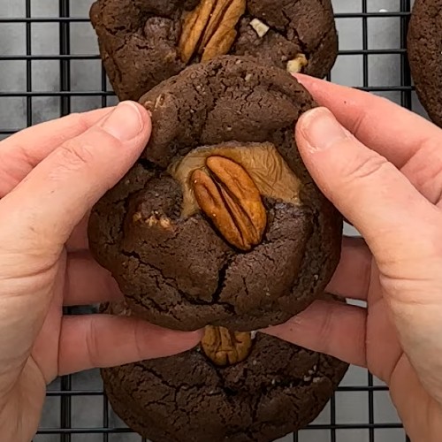 Turtle cookies made with double chocolate chip cookie mix.