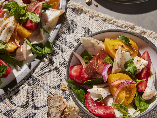Image of Tomato Salad with Poached Alaska Halibut and Mint Recipe