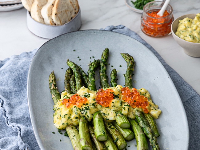 Image of Green Asparagus with Gribiche Sauce & Salmon Roe Topping Recipe