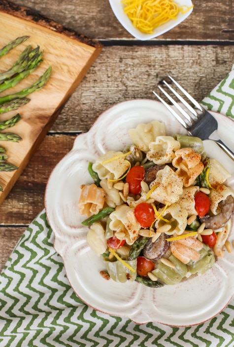 Boursin Pasta with Oven Roasted Veggies | Simple recipe with sweet roasted veggies and a creamy sauce of Garlic and Herb Boursin Cheese...will become a favorite! Delicious side with grilled meats! | WorldofPastabilities.com