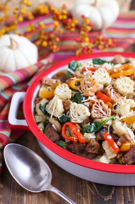 Veggie Sausage and Sweet Peppers with "Turkey" Shaped Pasta