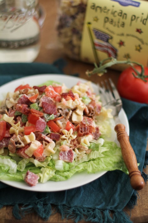 BLT Pasta Salad on a plate with American Pride Pasta Bag
