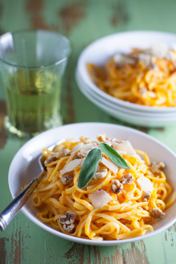 Butternut Squash Pasta Sauce | Served over Gluten Free Tagliolini and topped with Parmesan, toasted walnuts, and fresh sage! |WorldofPastabilities.com