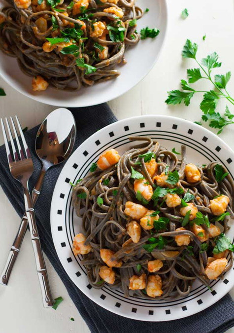 Image of Squid Ink Pasta with Shrimp and Tomatoes