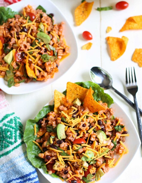Mexican Chef Pasta Salad | Cha Cha Cha! Easy delish combo of sweet and tangy dressing with seasoned taco meat and fresh tomatoes, avocados and pasta. Add Doritos or corn chips - and the entire family goes crazy! A one pot yummy meal. Perfect for summer or beachside! | WorldofPastabilities.com