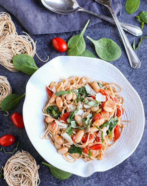Roasted Tomatoes, White Beans, and Spinach with Whole Wheat Pasta