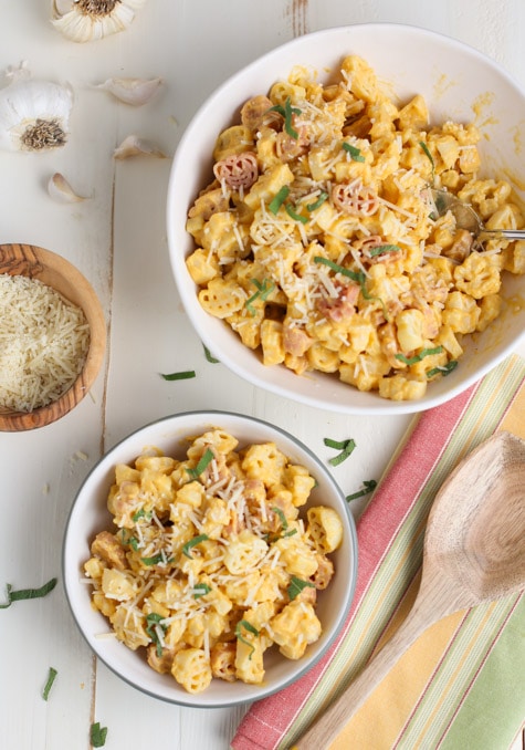 Butternut Squash Alfredo | Two bowls overhead shot with Parmesan cheese