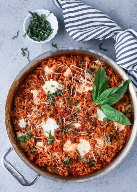 Deconstructed Lasagna in a largeskillet overhead shot