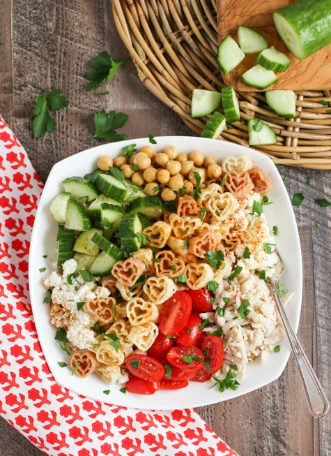 Greek Pasta Bowl tight shot with diced cucumbers