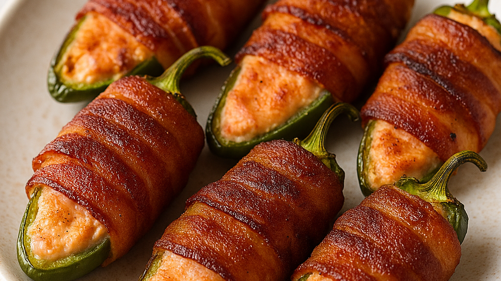 Bacon-wrapped jalapeño poppers stuffed with goat cheese seasoned with Smokin’ Barbie blend