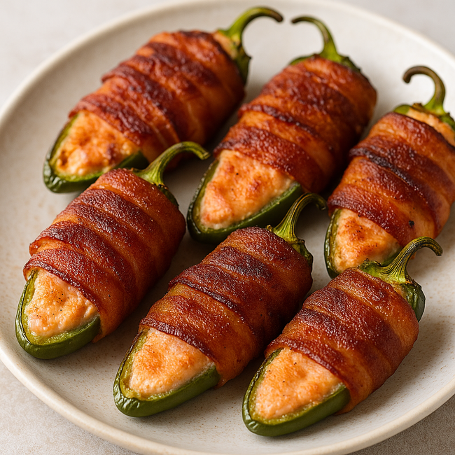 Bacon-wrapped jalapeño poppers stuffed with goat cheese seasoned with Smokin’ Barbie blend