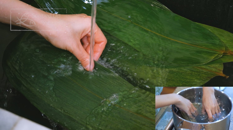 Image of If using fresh bamboo leaves, rinse with water thoroughly. If using dried bamboo leaves, check this video to learn how to rehydrate them. Cover the bamboo leaves with a damp towel so they don't dry out.