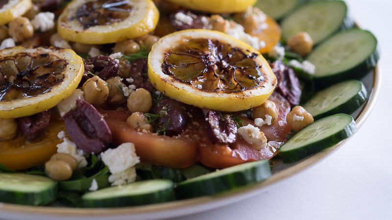 Image of Heirloom Tomato Salad with Chickpeas and Grilled Lemons