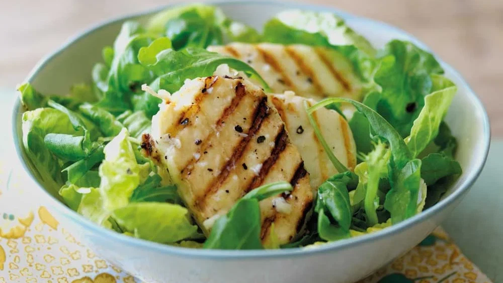 Griddled Halloumi with Wild Rocket,Antipasti Pitta Pizzas,Lemon Posset
