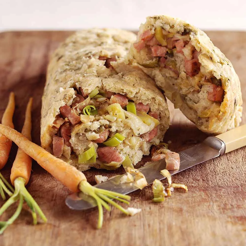 Leek and Bacon Roly Poly Pudding