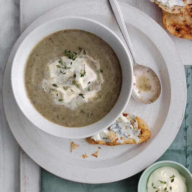 Chestnut Mushroom & Thyme Soup, Candy Rice Pudding, Roast Plums with Rum, Ginger & Treacle Cream