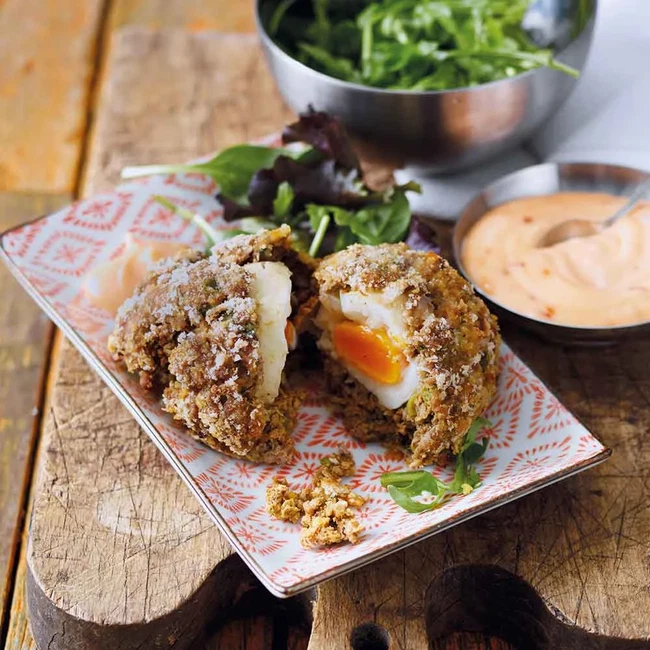 Keema Scotch Eggs, Smoked Haddock Scotch Eggs with Lemon Mayonnaise