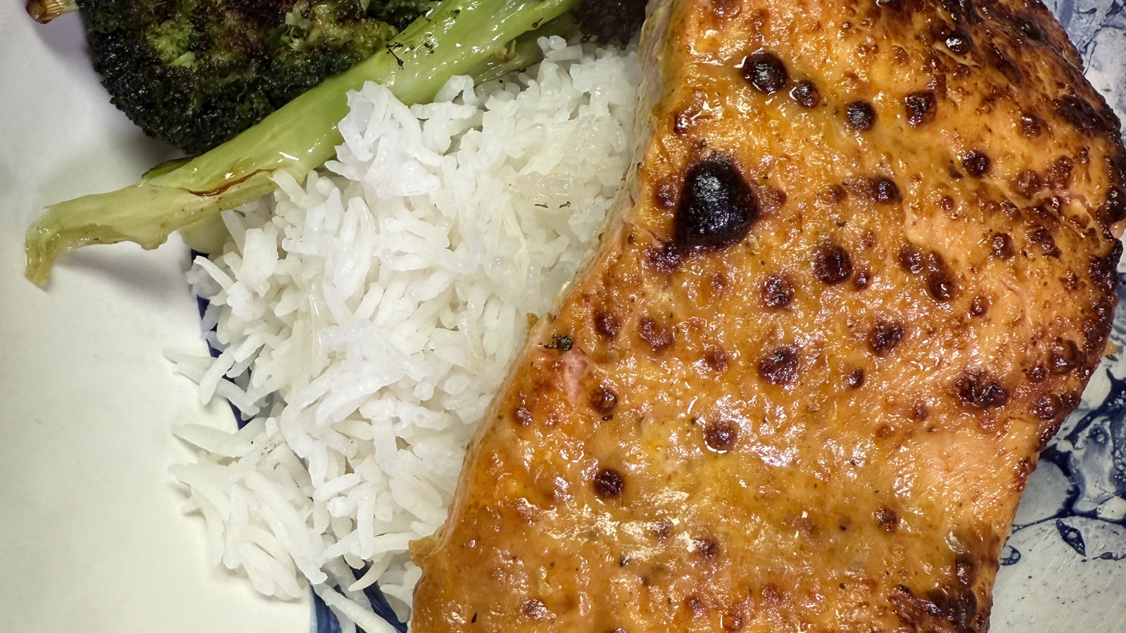 Plate of Broiled Trout with Basmati Rice and Charred Broccoli