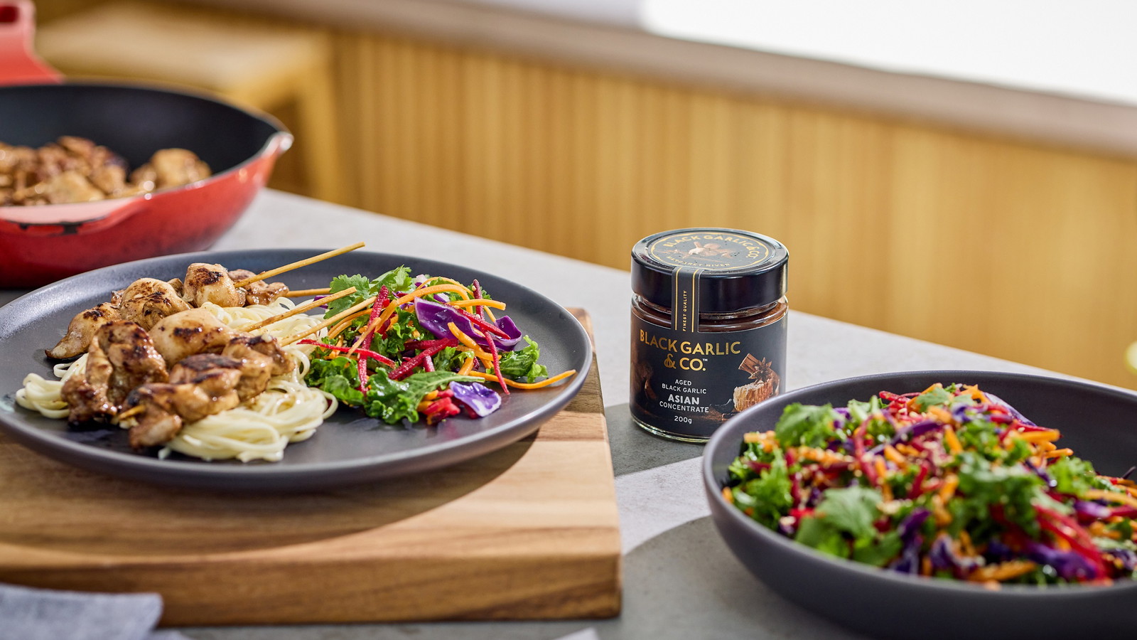 Image of ASIAN BBQ CHICKEN SKEWERS with rainbow slaw and noodles