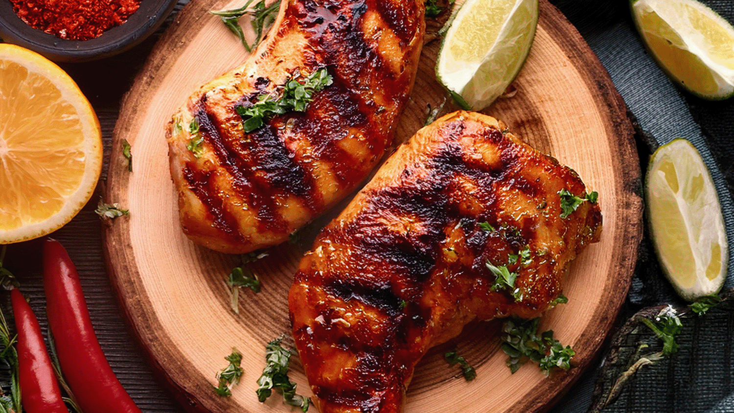 Achiote grilled chicken on plate with citrus next to it
