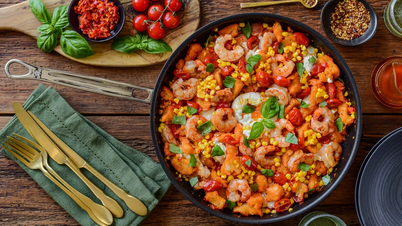 Image of Spicy Shrimp Panzanella Skillet