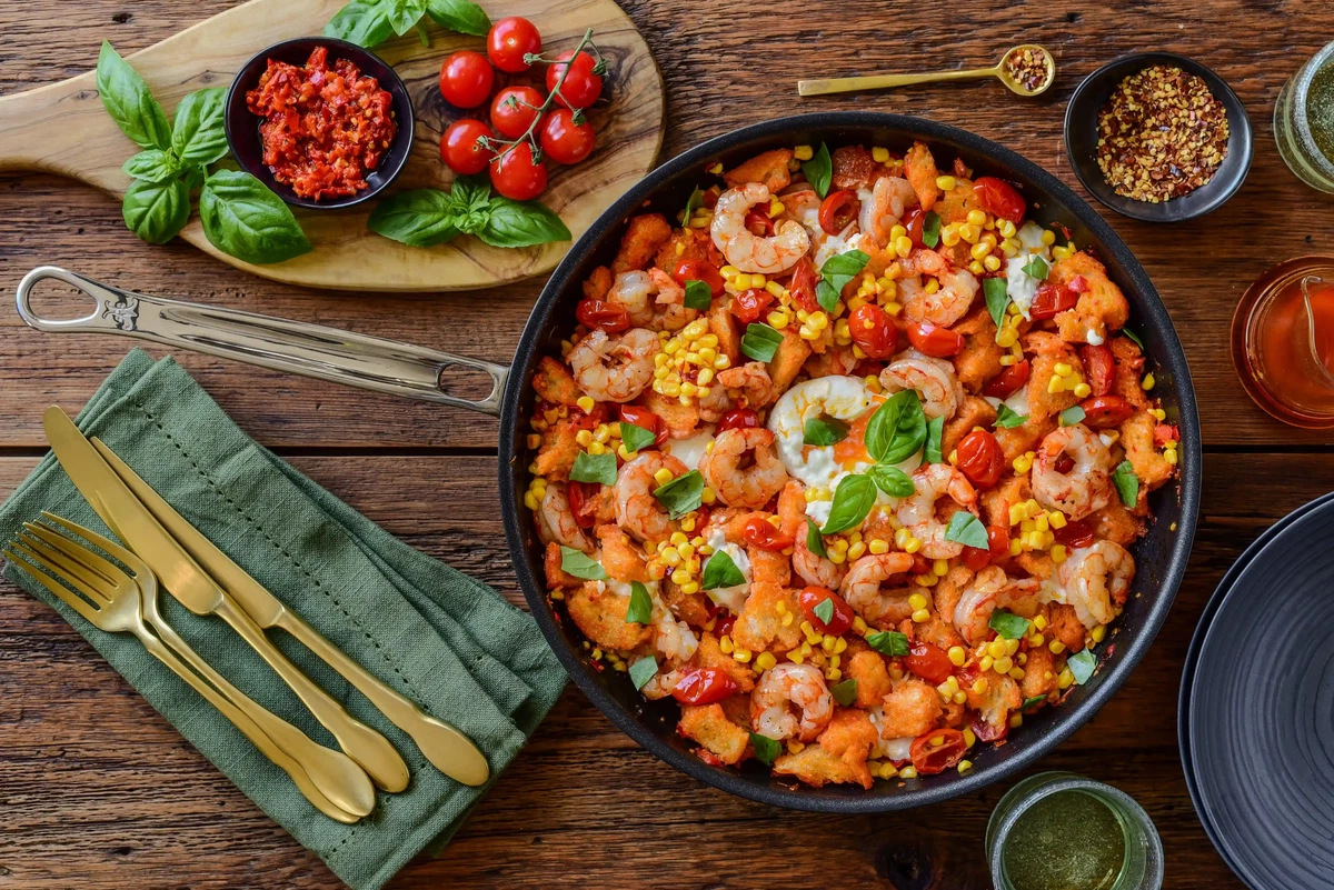 Spicy Shrimp Panzanella Skillet