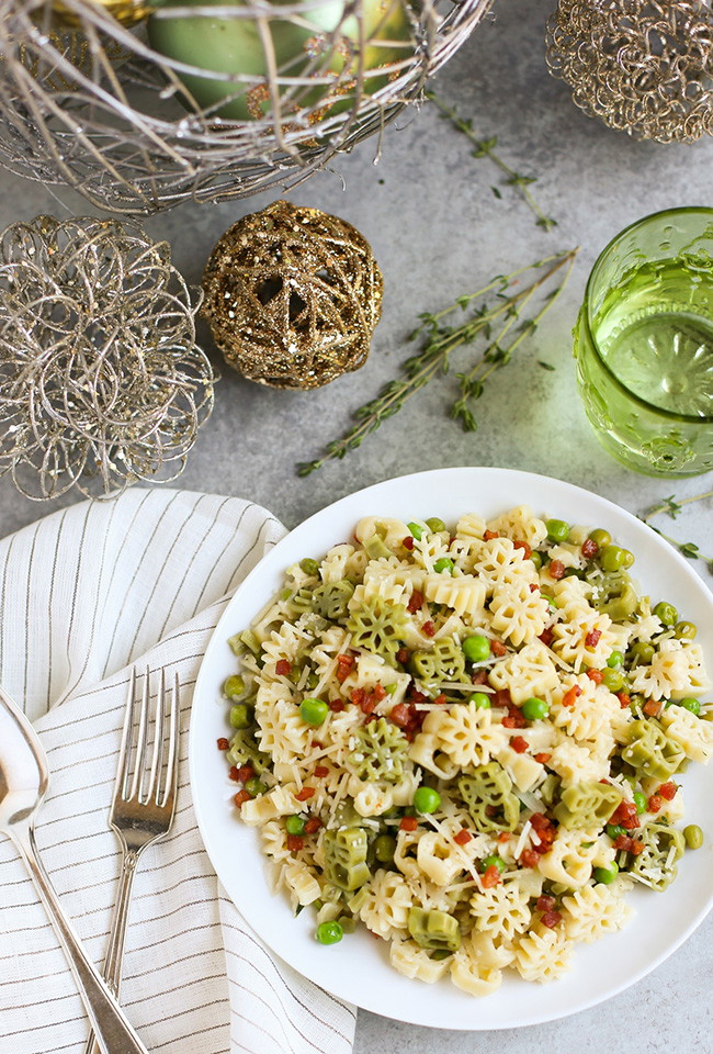 Snowman Pasta with Crispy Pancetta, Peas & Parmesan