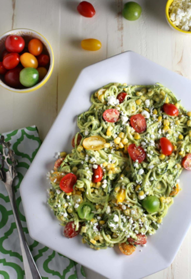 Image of Zucchini Noodle Salad with Tomatoes, Goat Cheese, Corn and Avocado Sauce