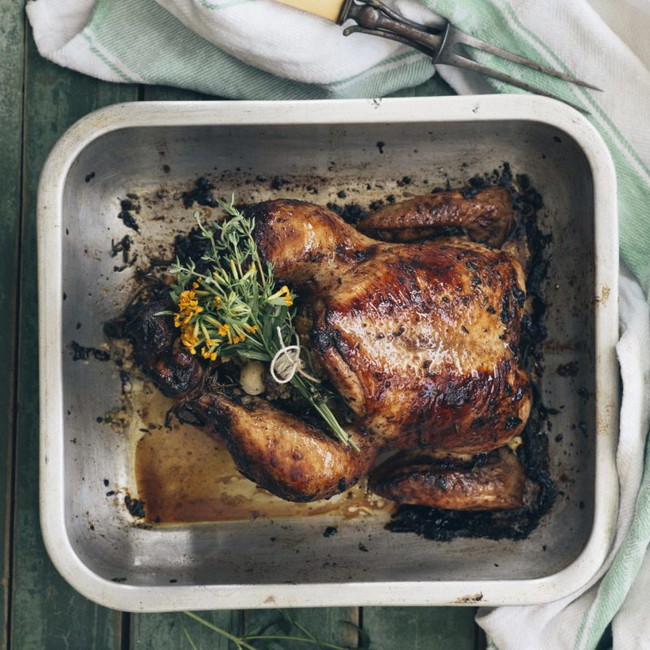 roast chicken stuffed with macadamia and cous cous