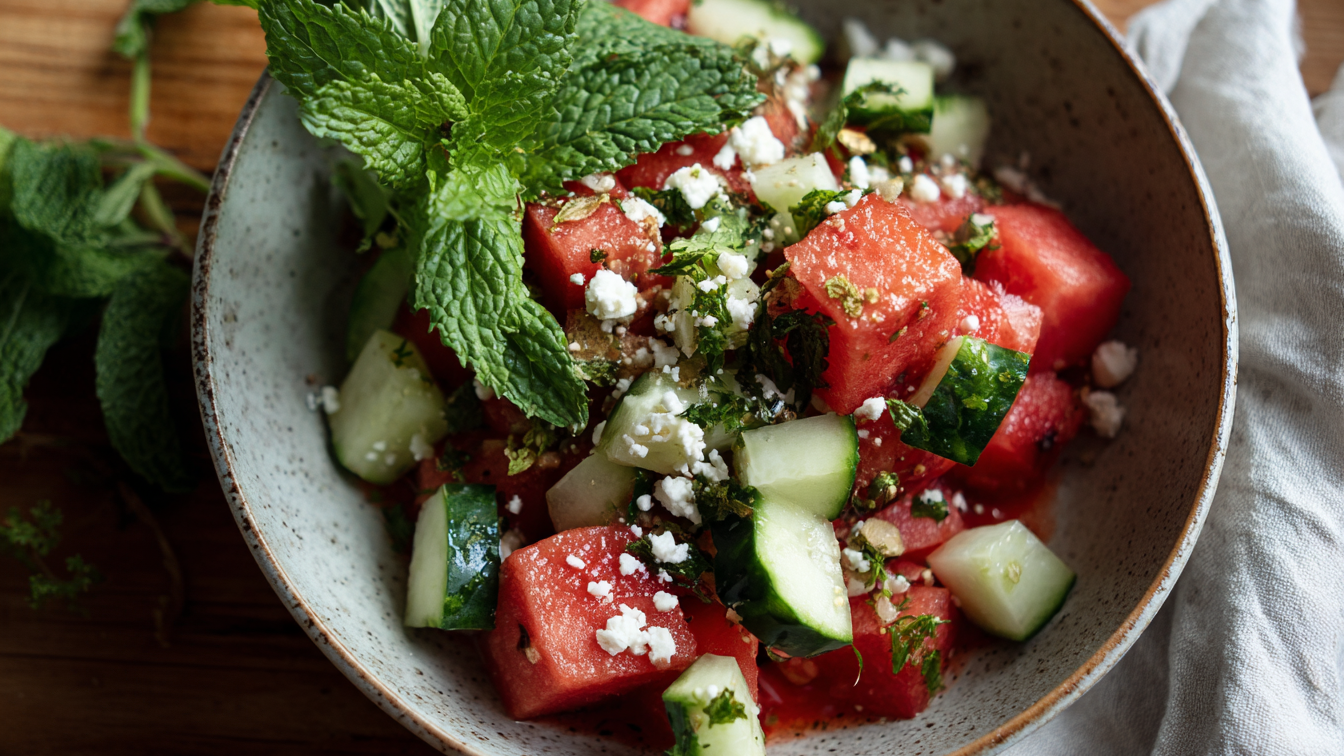 Sommerlicher Melonen-Gurken-Salat mit frischer Minze, Limette und veganem Feta in einer grauen Schüssel auf einem Holztisch, perfekt für warme Tage.