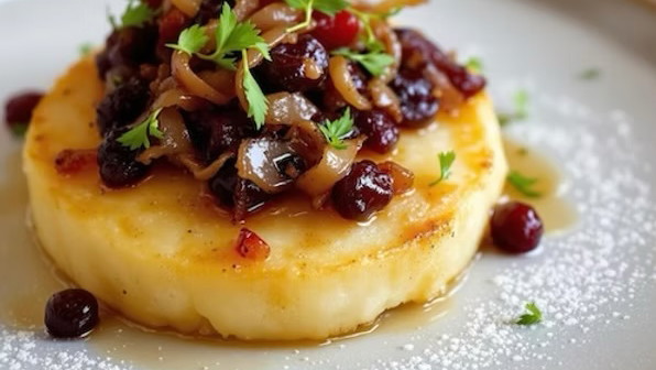Image of Potato Pavé with Burnt Onion and. Cherry Jam